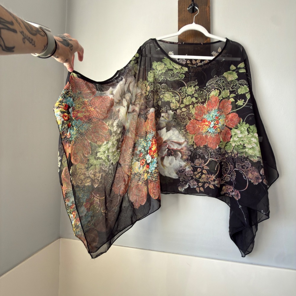 Boho Sheer Chiffon Poncho Top Womens One Size Black Floral Paisley Draped Blouse
